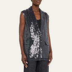 Brunello Cucinelli Crispy silk layered long paillette vest Silk Made in Italy Embellished Sleeveless Evening Vest, Evening Embellished Sleeveless Vest, Elegant Sequined Vest For Spring, Chic Sleeveless Sequin Vest, Chic Sleeveless Vest With Sequins, Formal Silk Vest For Spring, Sleeveless Summer Party Outerwear, Sleeveless Evening Vest For Fall, Sleeveless Sequined Vest For Fall