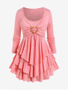 Pink Outfit Casual, Layered Long Sleeve T Shirt, Scoop Neck Blouse, Layered Long Sleeve, Layered T Shirt, Scoop Neck Blouses, Plus Size Kleidung, Hot Dress, T Shirt Women