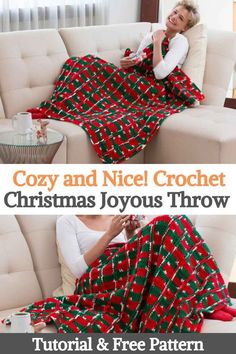 a woman sitting on a couch with a blanket over her face and the text cozy and nice crochet christmas joyous throw