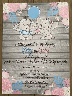 an elephant baby shower party with pink flowers and blue balloons on the wooden background is featured in this postcard style photo