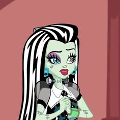 a cartoon character with long hair and blue eyes wearing black and white stripes on her face