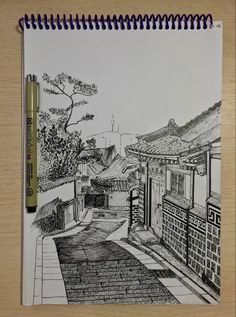 a pencil drawing of a courtyard with trees and buildings in the backgroung