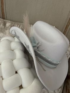 Women's cowboy hat  Boots not included  Decorative 100% polyester cowboy hat.  Geo quarts charm attached One size fits most  56-58  Adorable   All sales final. Birthday girl, bride to be, bachelorette fun.  Need a different color ? Message me. white  hat, blues, whites and creams, silvers  silver stars under brim Cowboy Hat White, White Cowgirl Hat, Bride To Be Bachelorette, Pink Cowgirl Hat, White Cowboy Hat, Western Hat, Pink Cowgirl, Cowgirl Hat, Western Hats