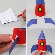 four pictures showing how to make a rocket ship out of paper