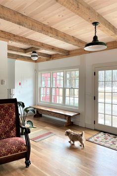 Porcelain Vintage Green Union Chain Hung Pendant Light from Barn Light Electric Knotty Pine Ceiling, Exposed Wood Ceilings, Exposed Beams Ceiling, Beams Living Room, Barn Light Electric, Reclaimed Wood Beams, Converted Barn, Barn Light, Light Photo