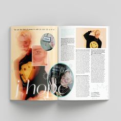 an open magazine with photos and text on it's pages, including the words i hope