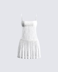 Give em' a taste of heaven in this white lace pleated dress 🤍 Made from stretchy lace, and complete with a lined bandeau bra, pleated skirt, fitted bodice, and drop waist that creates an elegant, and flowy look ✨ Leave little to the imagination -- 'dress' is sheer & undergarments are not included 👀 Finesse Dress, Maddie White, Custom Wardrobe, Flowy Shirts, Earthy Outfits, Bandeau Bra, Pleated Mini Dress, Fall Fits, Red Mini Dress