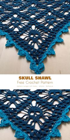 crocheted shawl with the words skull shawl written in white and blue