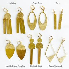 Geometric Brushed Brass Statement Earrings in Gold. Brass Gold Minimal Shape EarringsSo fun and trendy, these earrings will make your outfit!All earrings are brushed brass and dangle on gold plated leverback earwires. Jelly Fish Style - 2.5-2.75" longLarge Open Oval - 2.5" long Bars - 2" longUpside Down Teardrop - 2.25" longLong Circles and Bars - 3.25" longOpen Diamond and Triangle - 2.5-3" long Questions?  Please don't hesitate to start a convo, we'd love to hear from you!_____________________ Brass Earrings Handmade, Turquoise Chandelier, Jelly Fish, Earrings In Gold, Pink Gemstones, Brass Gold, Design Drawing, Gold Brass, Pretty Earrings