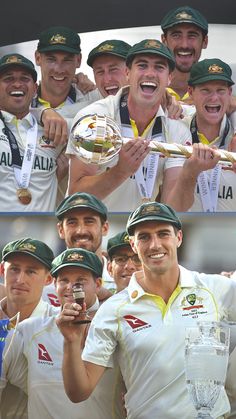 the australian cricket team is holding their trophies and posing for pictures in front of an audience