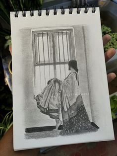 a drawing of a woman sitting in front of a window with bars drawn on it