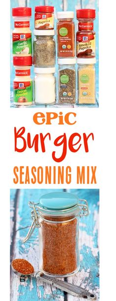 an image of spice and seasoning mix in jars with the title epic burgerer seasoning mix