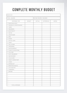 a printable budget sheet with the words'complete monthly budget'on it