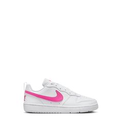 They'll run, jump and play with confidence and comfort in these girls' Nike Court Borough white laser fuchsia athletic shoes. Crafted with durable upper and outsole for exhibiting a classy look, these casual/lifestyle sneakers feature adjustable lace-up closure to provide a secure fit, redesigned toe box and midfoot to provide a comfortable fit, and durable outsole with flex grooves for a reliable grip. | Nike Girls' Court Borough Sneaker in White/Laser Fuschia Size 7 Medium Nike Court Borough, Girls Shoes Sneakers, Lifestyle Sneakers, Girls Nike, Casual Lifestyle, Nikes Girl, How To Look Classy, Shoes Shoes, These Girls