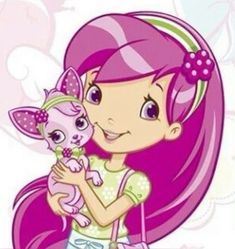 a cartoon girl holding a small cat in her arms and smiling at the camera with pink hair