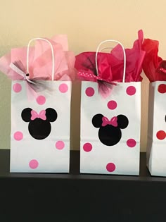 three bags with minnie mouse designs on them sitting on a shelf in front of a wall