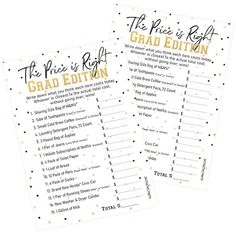 the price is right graduation game with gold foil lettering and black dots on white paper