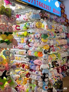 there are many stuffed animals on display in the store