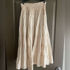 Beautiful Handmade Long Skirt Bought In Thailand, Never Used It Beige Cotton Tiered Maxi Skirt, Cream Cotton Maxi Skirt, Bohemian Cream Lined Skirt Bottoms, Beige Cotton Maxi Skirt With Lined Detail, Cream Cotton Lined Maxi Skirt, Beige Cotton Beach Skirt, Summer Cream Cotton Maxi Skirt, Beige Cotton Lined Maxi Skirt, Flowy Cream Cotton Maxi Skirt