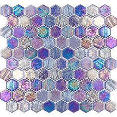 an abstract mosaic tile design in purple, blue and pink tones with metallic foils