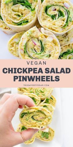 chicken salad pinwheels on a white plate with the title vegan chickpea salad pinwheels