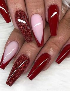 Cheer Nails, Birdcage Tattoo, Red Nail Art Designs, Red Nails Glitter, Valentine Nail, Summer Acrylic, Nagellack Trends, Red Nail Art, Red Acrylic Nails