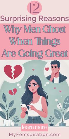 An illustration of a woman looking sad while thinking of a man, symbolizing her experience of being ghosted by a man. The image includes overlaid text that reads '12 surprising reasons why men ghost when things are going great' at the top and the website 'myfemspiration.com' at the bottom Lead Me On, Ghost, Reading, Feelings