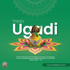 the happy ugadi poster is displayed on a green background