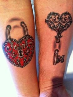 two people with tattoos on their legs, one has a lock and the other has a key