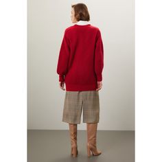 Red knit (33% wool, 30% nylon, 20% acrylic, 17% mohair). Sweater. Long sleeves. V-neck. Pull on. 27" from shoulder to hemline. Imported. Red V-neck Cardigan For Work, Knitted V-neck Sweater For Work, Red Wool Sweater For Workwear, Red Wool Sweater For Work, Classic Red V-neck Sweater For Fall, Red Knit V-neck Cardigan, Red V-neck Knit Cardigan, Red Fine Knit Wool Sweater, Red Sweater For Workwear In Fall