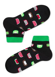 Watermelon, figs, coconut, kiwi-these socks with fruit immediately you want to eat! Just look at them: trendy cropped black socks with fruit in perfect shades of red, green and white! Colored socks "Fruity" - without exaggeration, an example of an aesthetically perfect combination of colors. Look: the crimson, brown, and white here are not just in harmony with each other, but cause real delight, memories of summer verandas, a sense of happiness and carelessness. Therefore, socks with fruit will Casual Black Summer Socks, Casual Multicolor Socks For Summer, Casual Multicolor Summer Socks, Black Socks For Summer, Pizza Christmas, Socks Collection, Color Socks, Polka Dot Socks, Floral Socks