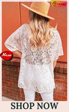 White Floral Lace Crochet Short Sleeve Open Front Kimono Casual Non-stretch Lace Top, Summer White Open Knit Lace Top, Casual Lace Patchwork Top For Beach, White Open Knit Lace Top, White Open Knit Lace Top For Beach, White Lace Top With Open Knit Detail, Short Sleeve Lace Crochet Top For Beach, Short Sleeve Lace Top For Vacation, Lace Short Sleeve Top For Vacation