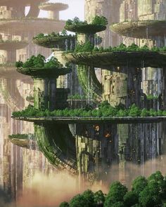 a futuristic city surrounded by trees and water