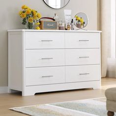 42015503810602 6 Drawer Tall Dresser, White 6 Drawer Dresser, Dresser Modern, Wide Chest Of Drawers, Modern Chests, Modern Chest Of Drawers, Contemporary Sideboard, Wide Dresser, White Drawers