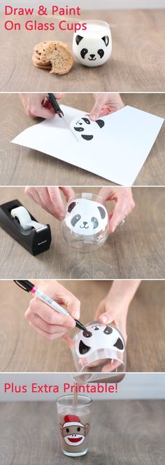 the instructions for how to make a panda bear glass cup with water and glue on it