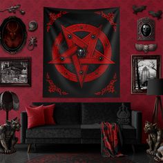 a living room filled with furniture and pictures on the wall above it is a red pentagram star