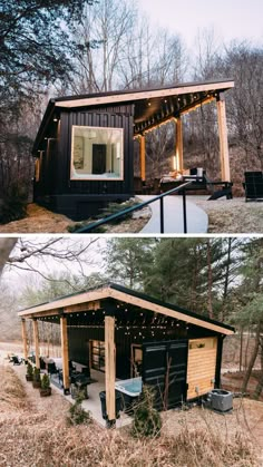 two pictures side by side of a small cabin in the woods with lights on it