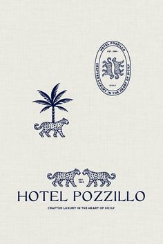 Logo suite for a luxury hotel, with leopard and palm tree illustration and text 'Hotel Pozzillo' Brand Trends 2023, Palm Beach Branding, Elegant Brand Identity Design, Modern Crest Logo, Logo And Branding Design, Classy Branding Design, Premium Graphic Design, Modern Luxury Branding, Vintage Hotel Logo