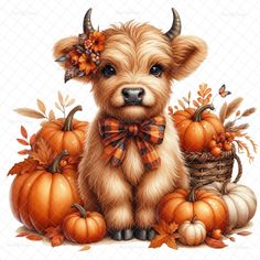 a painting of a dog surrounded by pumpkins and gourds with horns on it