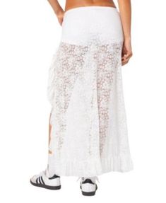 Edikted Ruffled Sheer Lace Maxi Skort Lace Maxi, Sheer Lace, Ruffles, Elastic Waist, Spandex, Energy, Lace, White