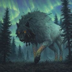 a painting of a wolf with glowing eyes walking through the woods in front of an aurora bore