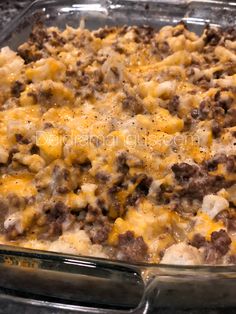 a casserole dish filled with meat and cheese