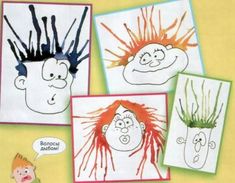 four children's drawings with hair on them