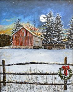 a painting of a barn in the snow with a christmas wreath on it's fence