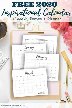 three calendars on a clipboard with the text free 2020 inspirational calendar + weekly personal planner