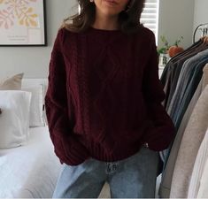 Maroon Sweater Aesthetic Easy 30 day return policy Maroon Sweater Aesthetic, Red Fall Sweater, Maroon Jumper Outfit, Dark Red Fall Outfits, Maroon Knit Sweater Outfit, Burgundy Sweater Outfit Fall, Dark Fall Outfits Aesthetic, Burgundy Clothes Aesthetic, Maroon Winter Outfits