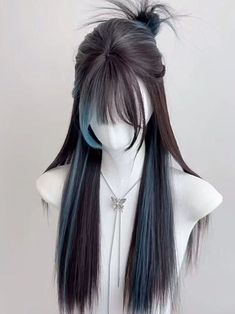 Black Hair With Pops Of Color, Goth Hair Color Ideas, Lace Wig Styles, Black Lace Wig, Black Hair Hairstyles, Styled Wigs, Hairstyles Wig, Cool Hair Designs, Wig Ideas