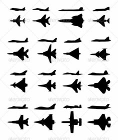 the silhouettes of fighter jets in different positions