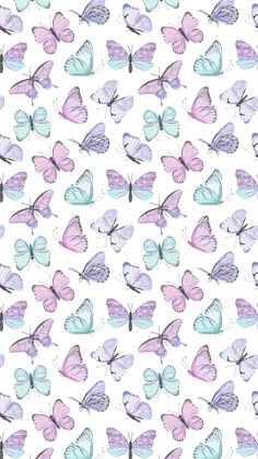 many different colored butterflies on a white background with blue, pink and purple colors in the middle