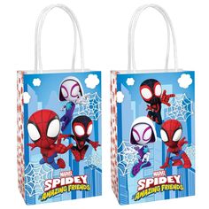 two spider - man shopping bags are shown in front of each other, with the same character on them